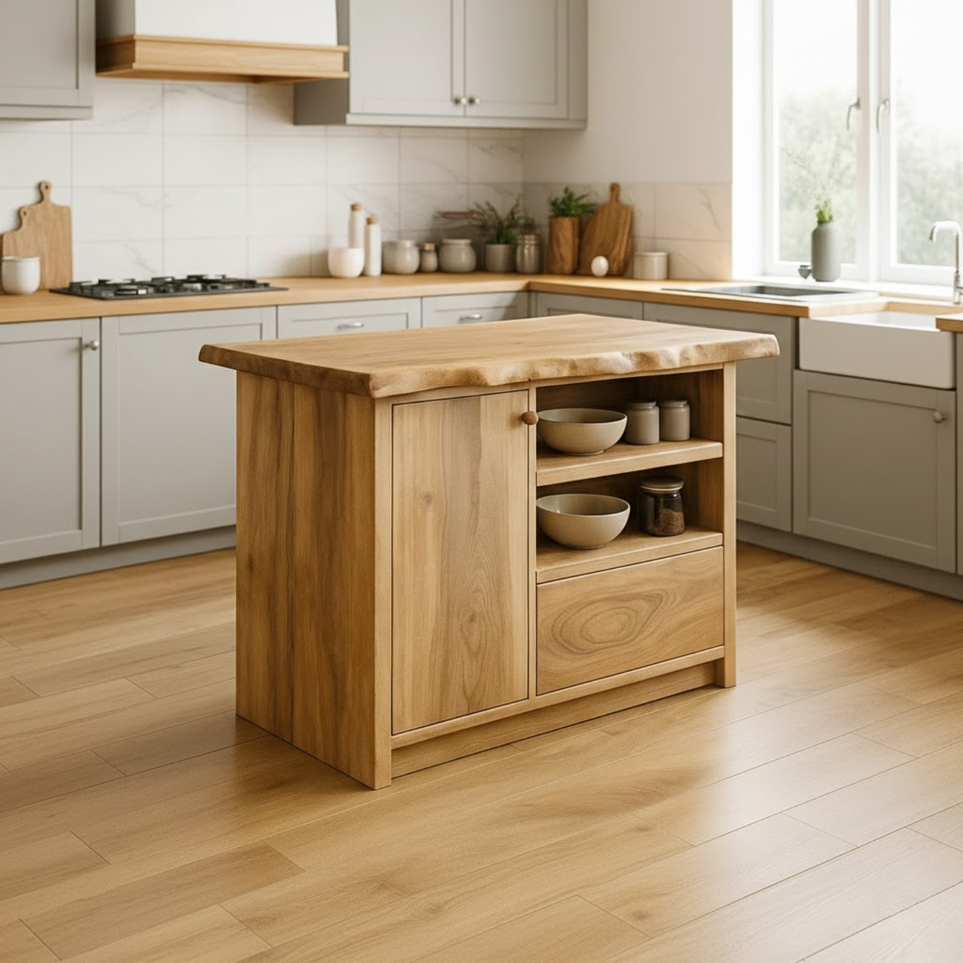 Solid Wood Kitchen Island with Cabinet and Open Shelves, Modern Oak Kitchen Prep Table