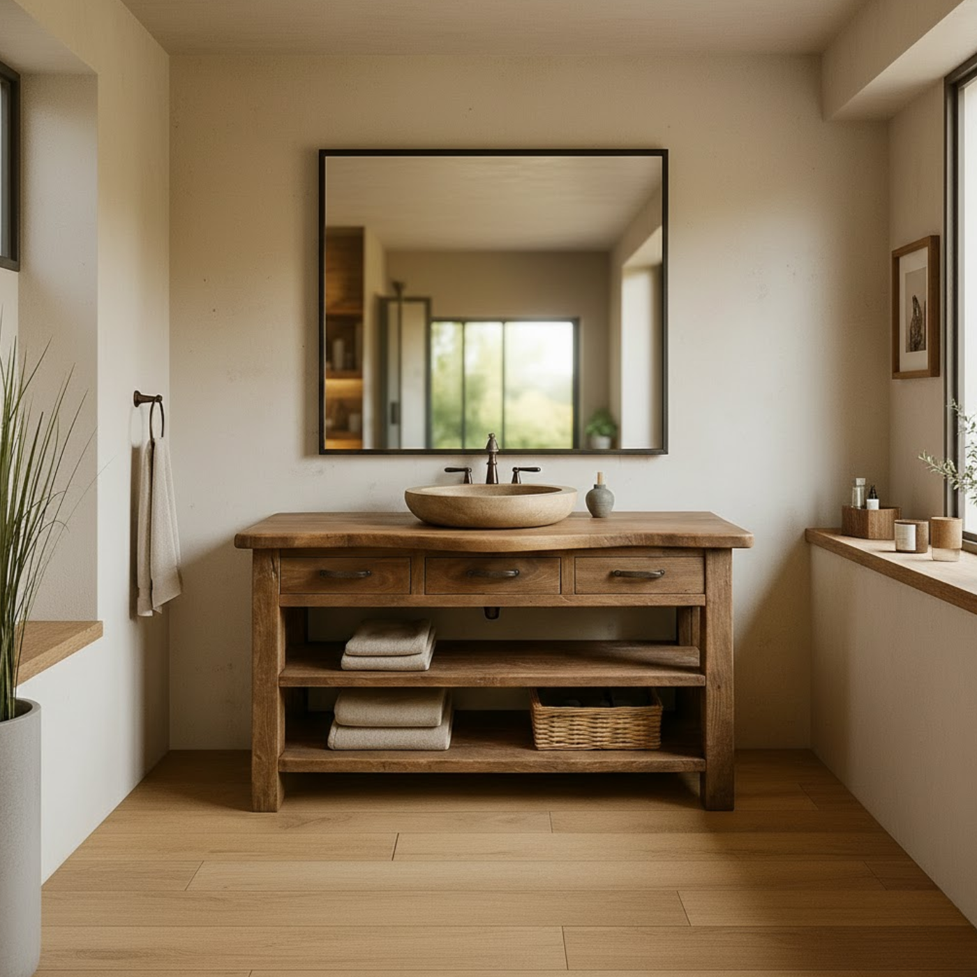 Solid Wood Bathroom Vanity with Three Drawers and Double Open Shelving