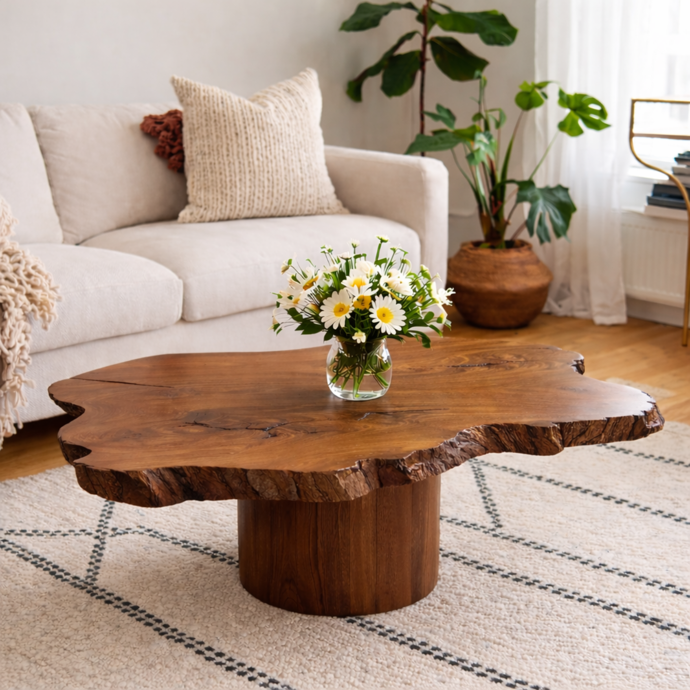 Live Edge Solid Wood Coffee Table for Living Room with Pedestal Base