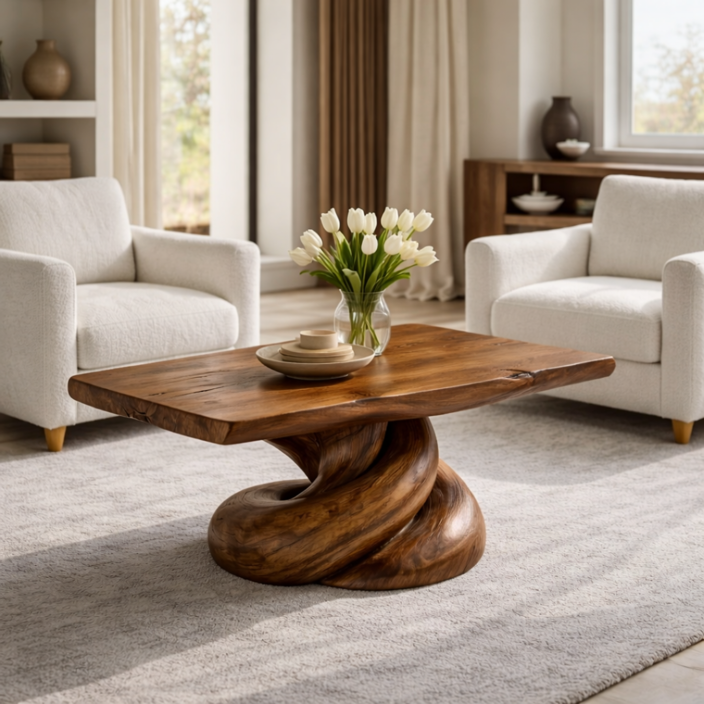 Solid Wood Coffee Table with Live Edge Top and Organic Sculptural Base