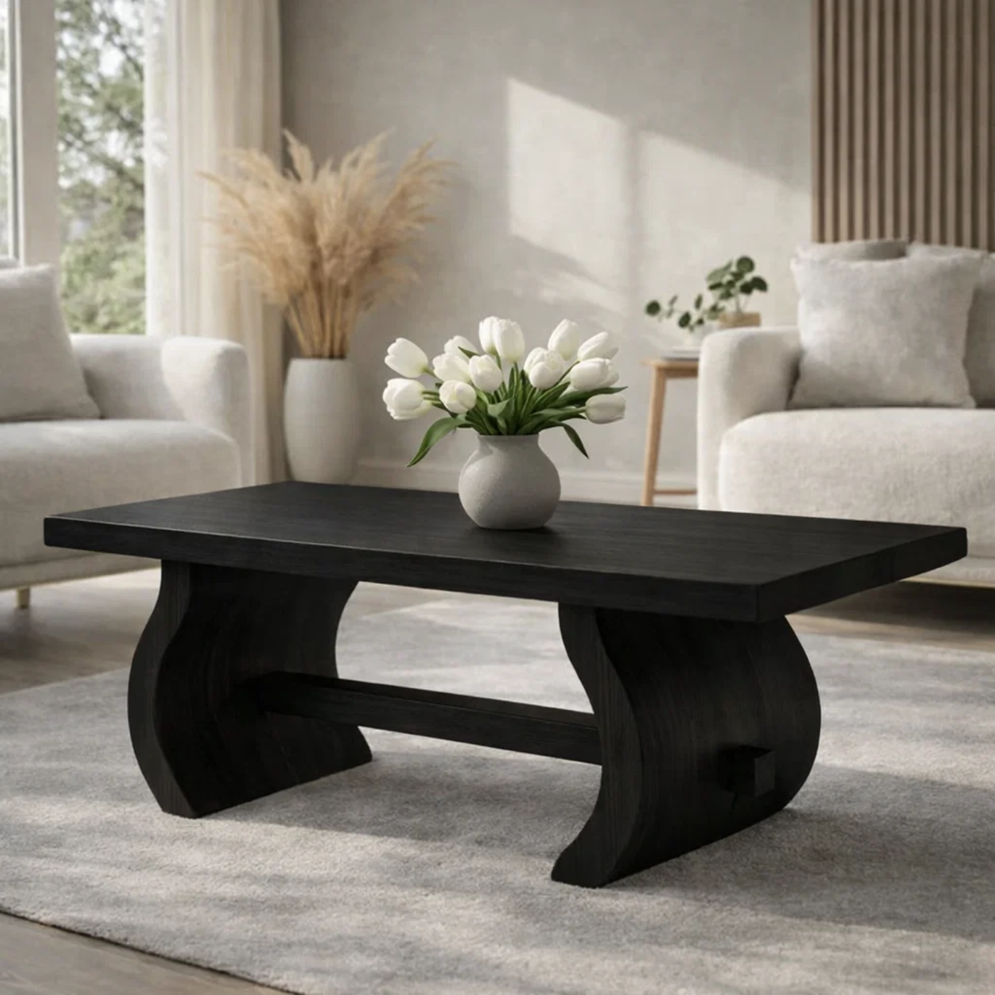 Solid Wood Coffee Table for Modern Home with Sculpted Curved Legs