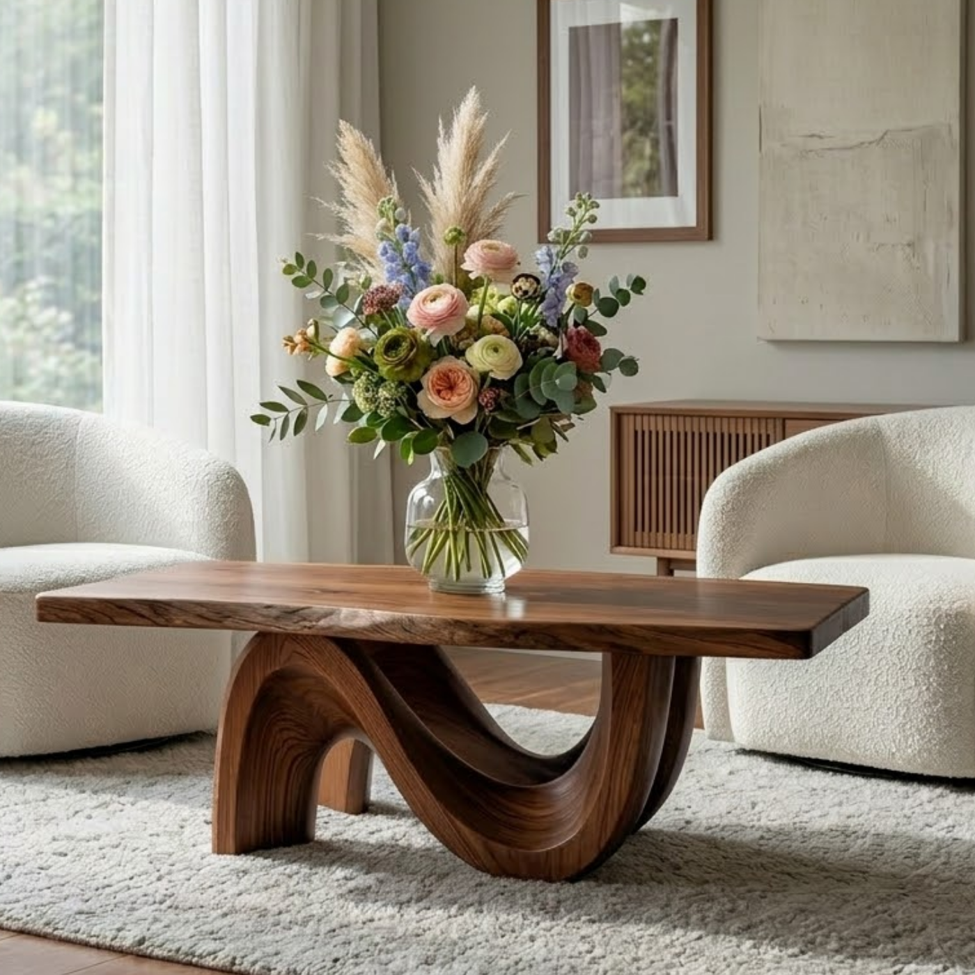 Solid Wood Coffee Table for Modern Living Room with Sculptural Curved Base