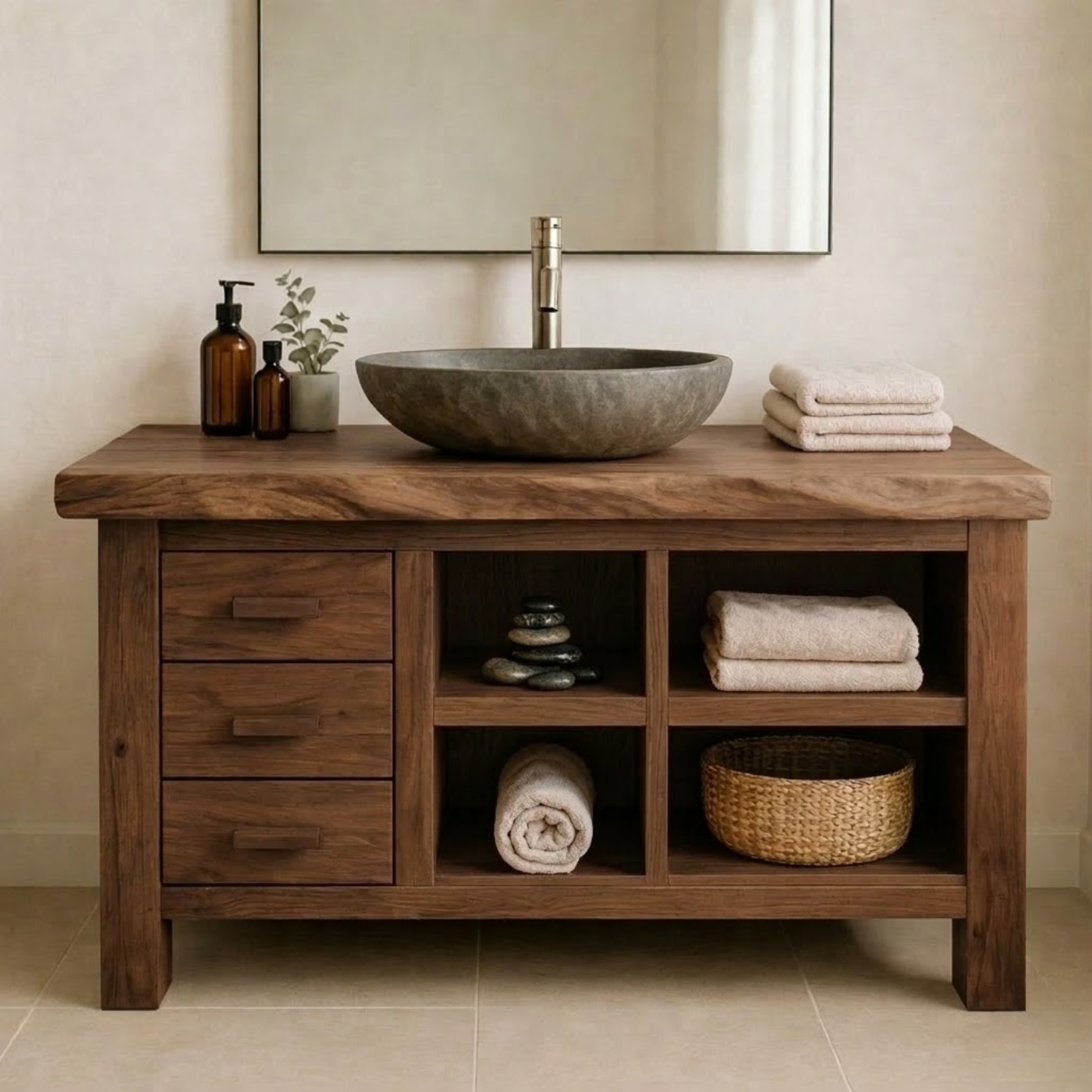 Solid Wood Bathroom Vanity with Live Edge Top and Open Shelves