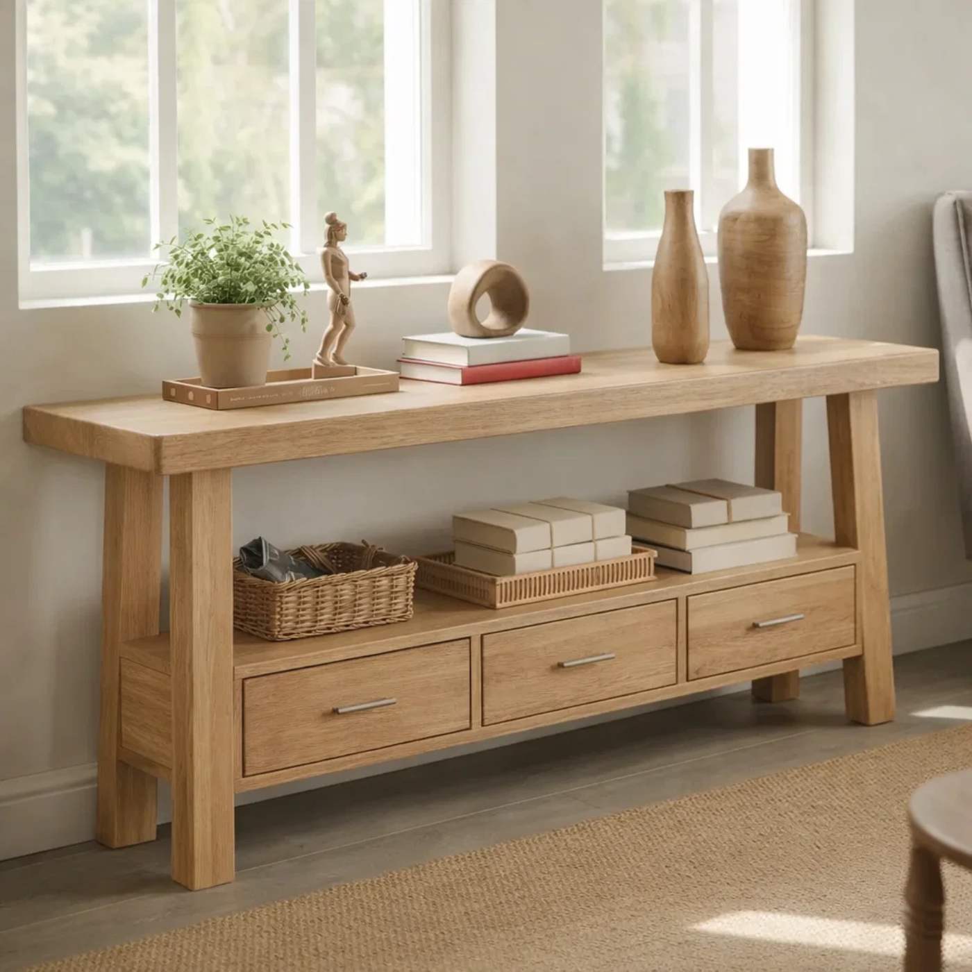 Solid Wood Console Table for Living Room with 3 Drawers and Open Shelf
