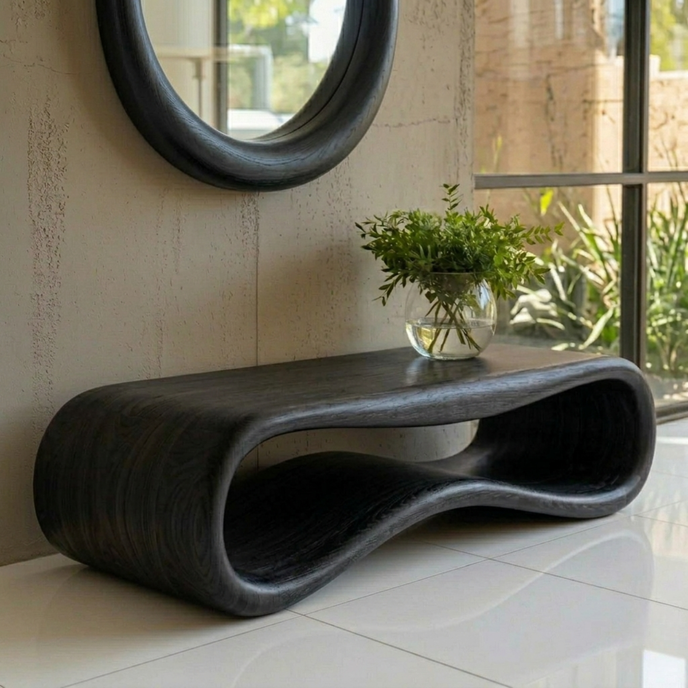 Modern Sculptural Solid Wood Bench - Organic Curved Entryway Seating