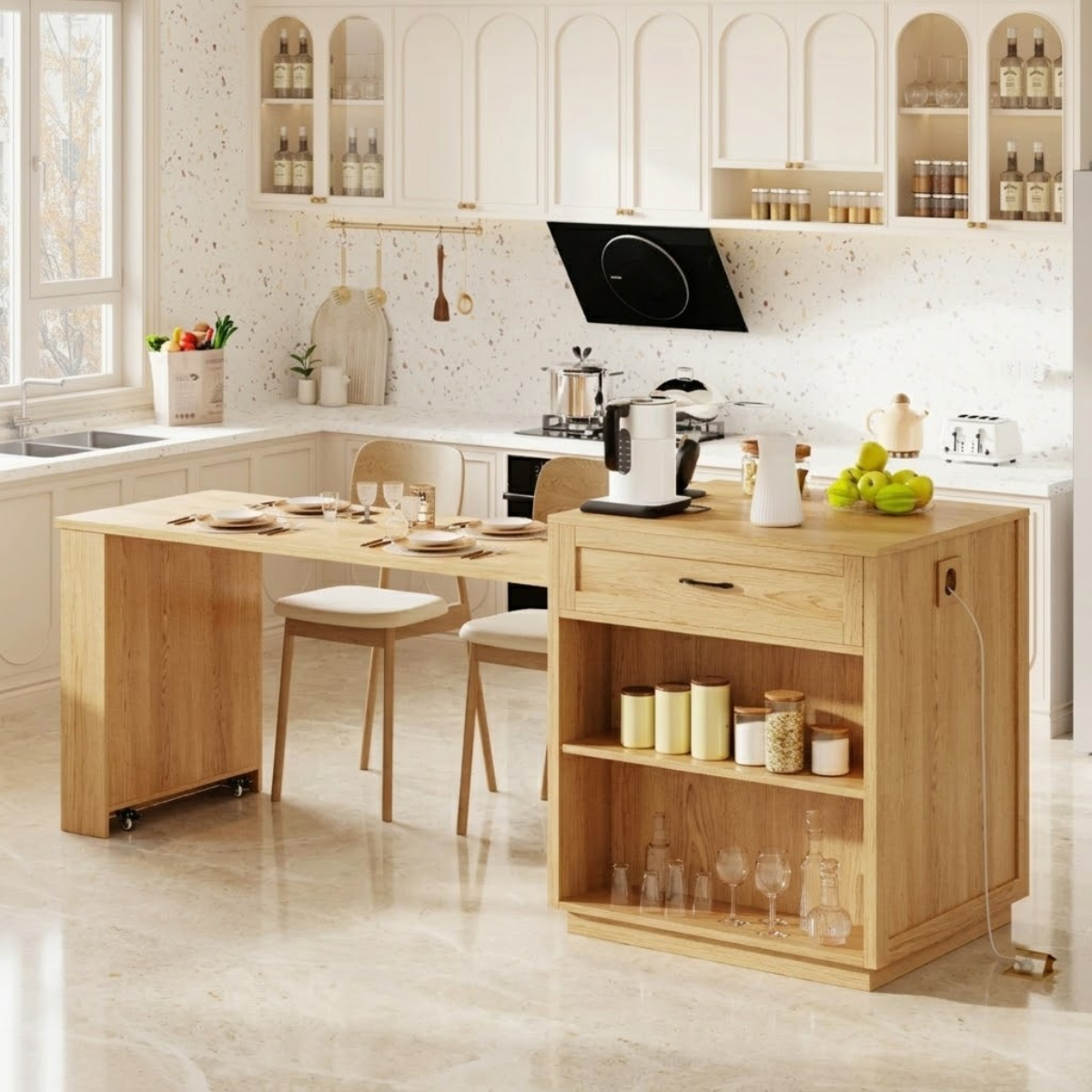 Rolling Kitchen Island with Extendable Dining Table, Storage Shelf, Modern Prep Cart Home