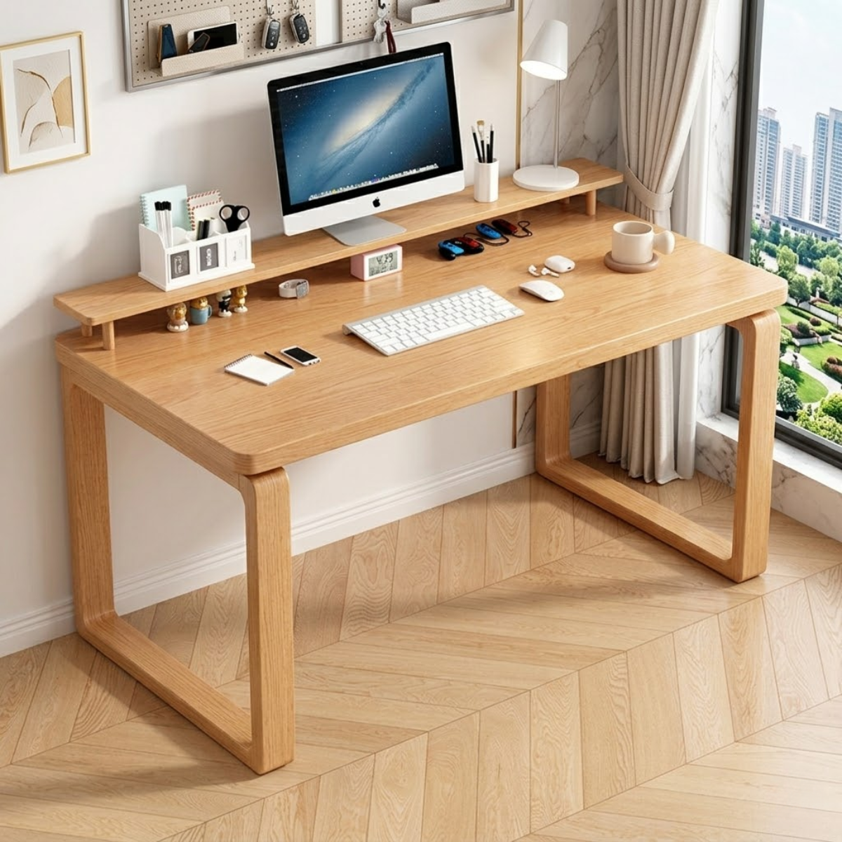 Modern Writing Desk with Monitor Stand, Minimalist Home Office Computer Table