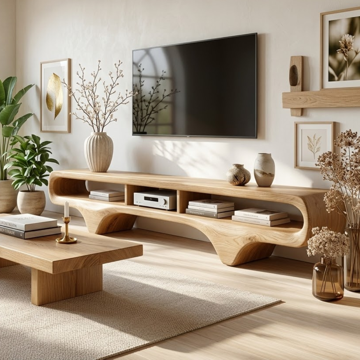 Organic Curved TV Console, Sculptural Media Stand for Luxury Sophisticated Interiors