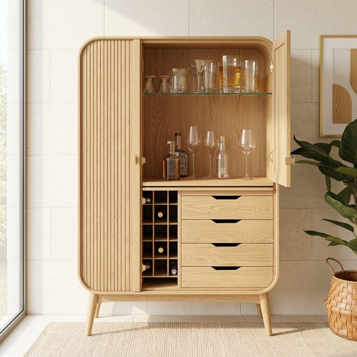 Modern Fluted Bar Cabinet with Wine Rack Drawers and Glass Display Storage