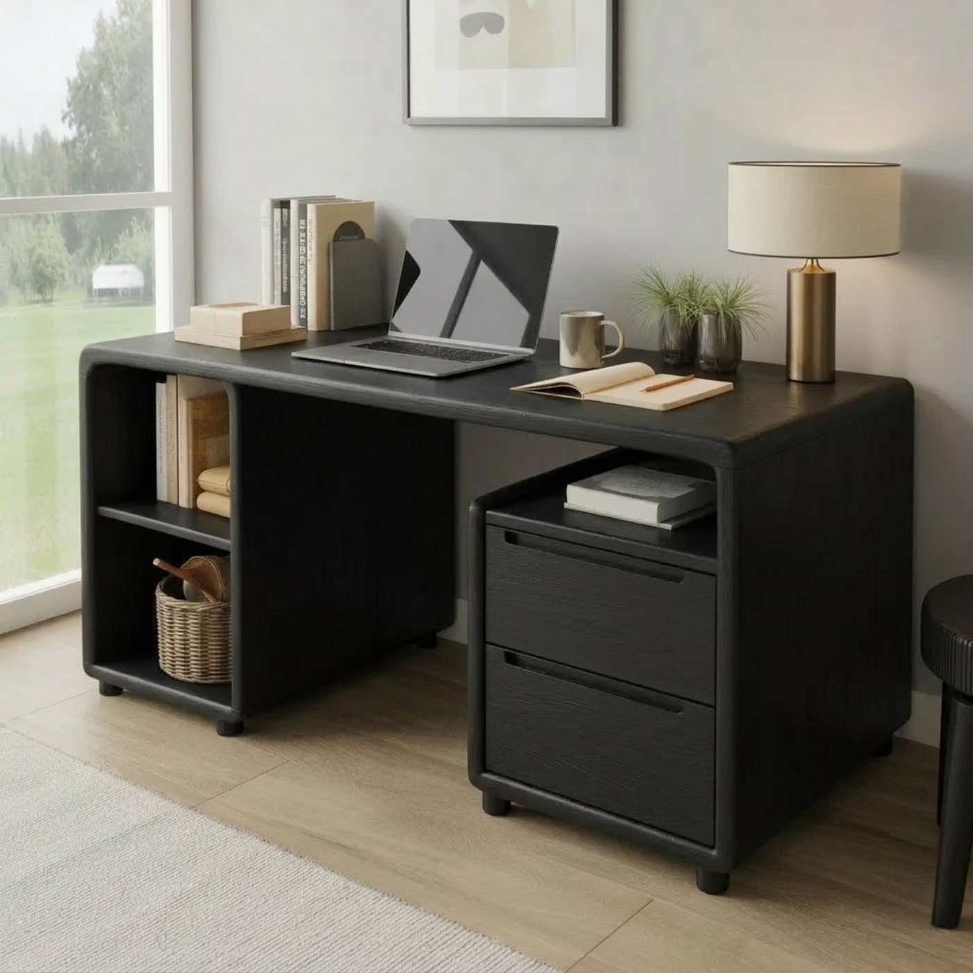 Modern Solid Wood Desk with Curved Edges and Integrated Storage Drawers