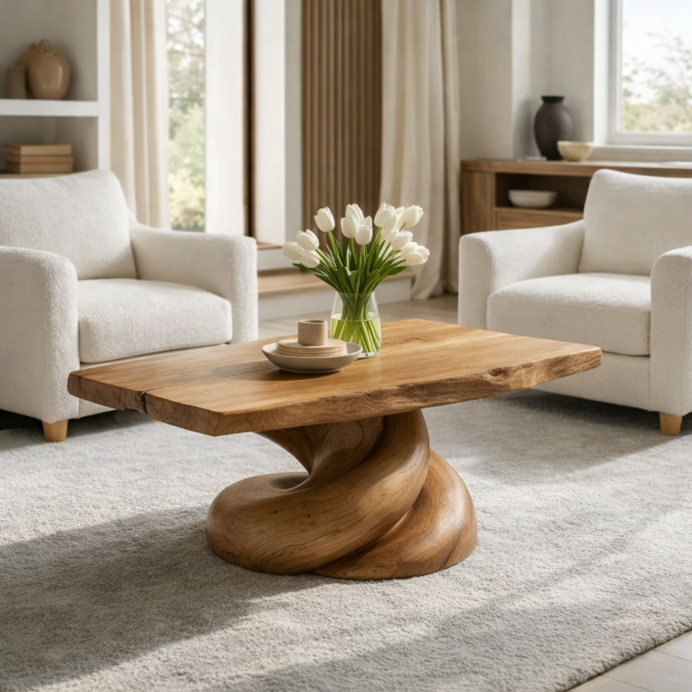 Solid Wood Coffee Table with Live Edge Top and Organic Sculptural Base