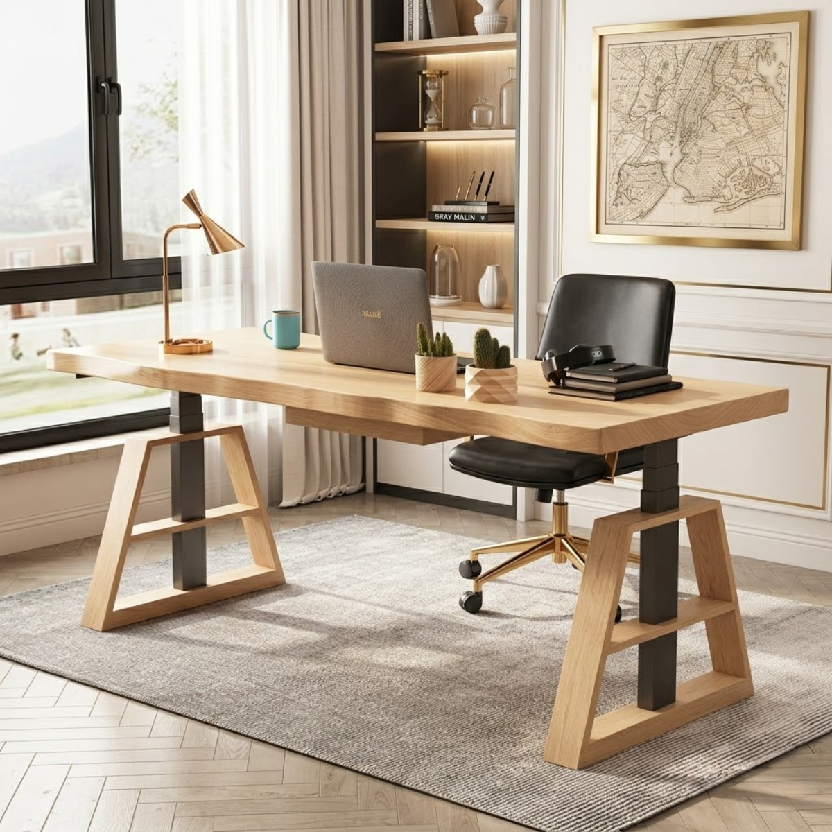 Modern Wooden Work Desk with Industrial Style Legs for Office or Home