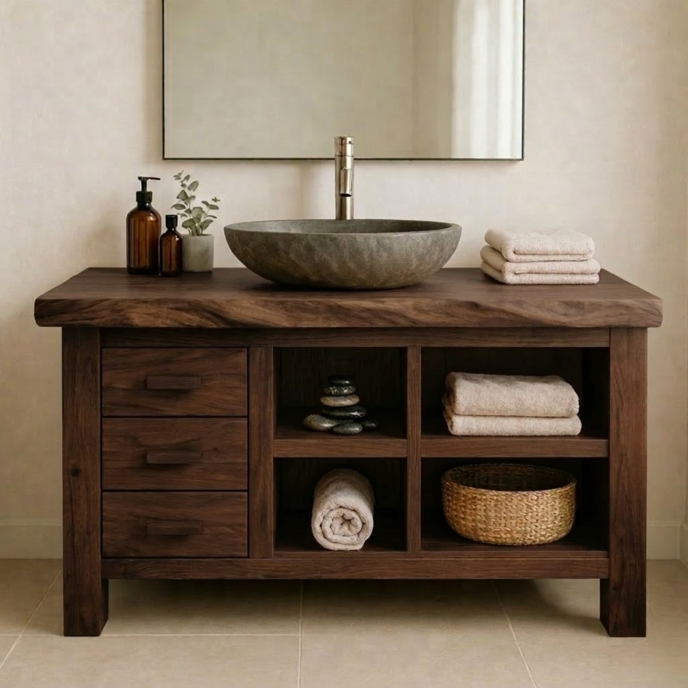 Solid Wood Bathroom Vanity with Live Edge Top and Open Shelves