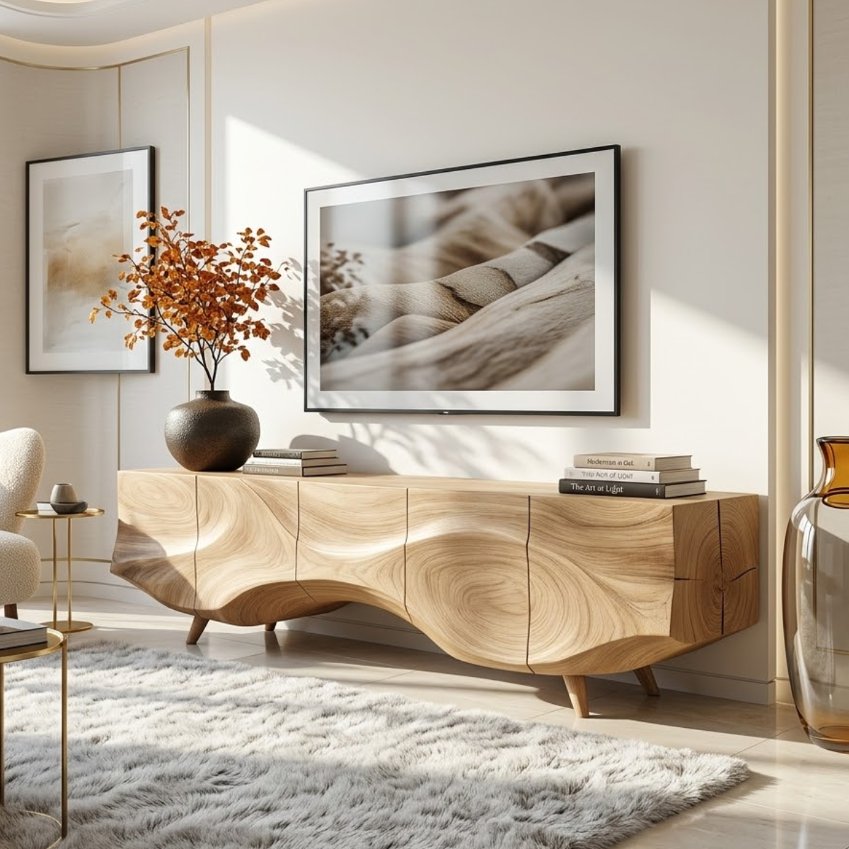 Solid Wood TV Stand, Sculpted-Wave Modern Media Console Cabinet for Living Room