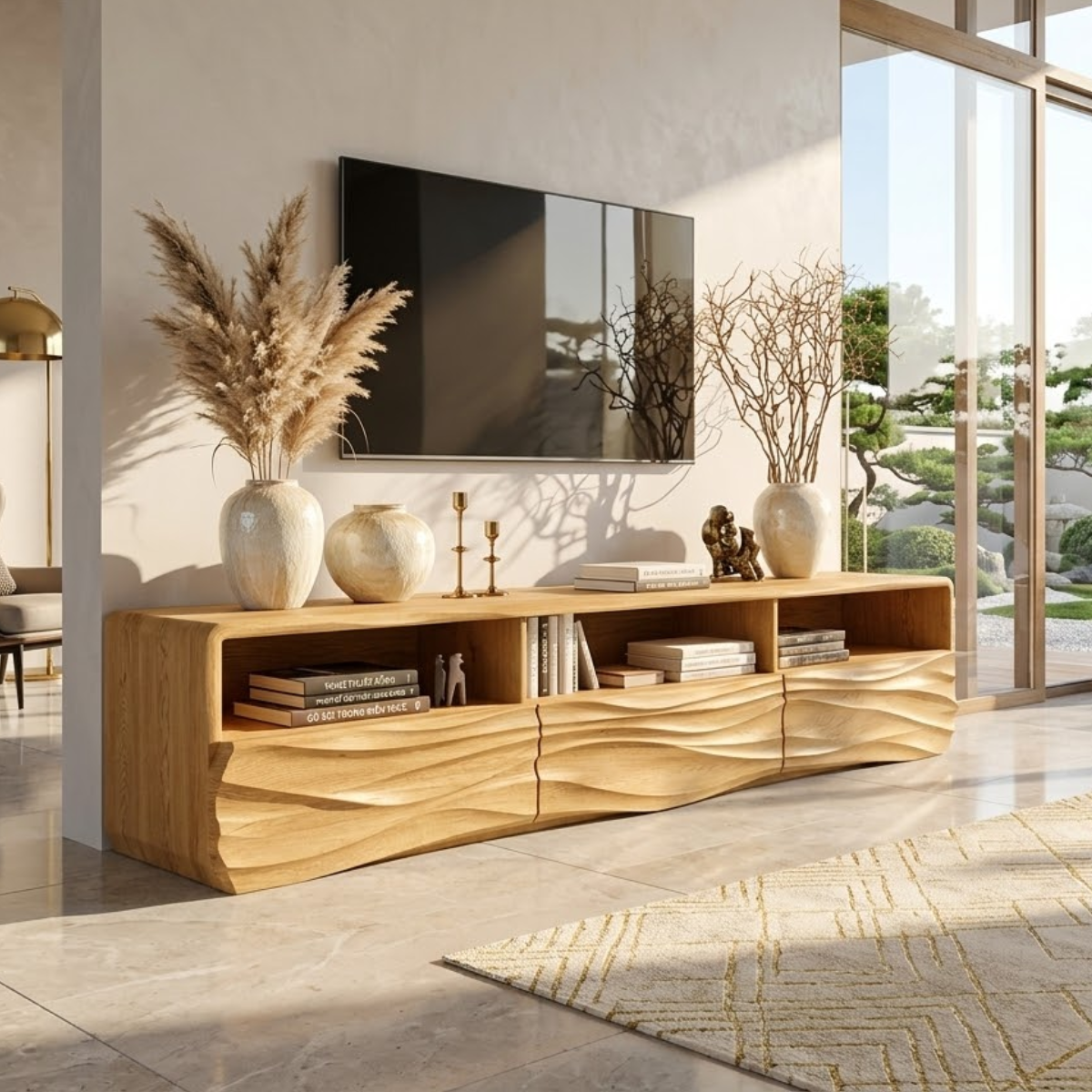 Modern Wave TV Console, Sculptural Entertainment Cabinet for Luxury Home Interiors
