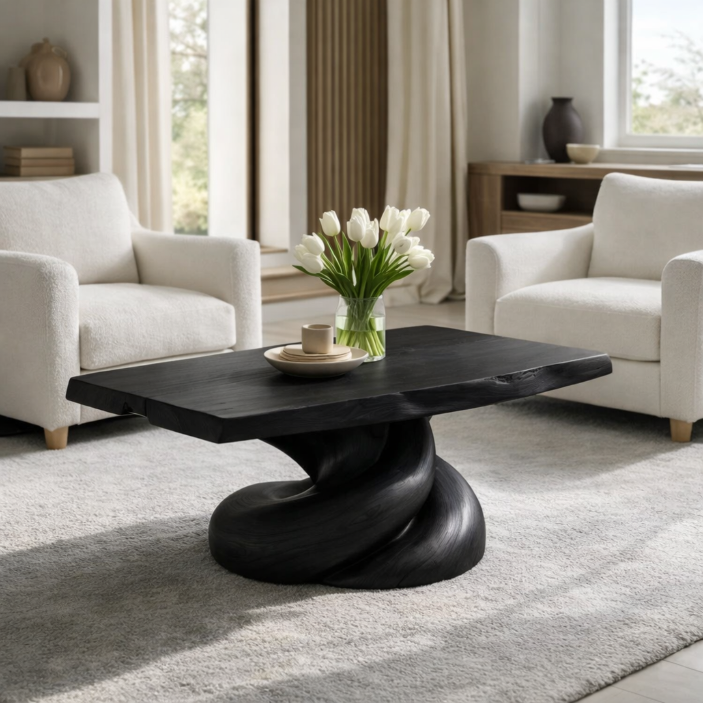 Solid Wood Coffee Table with Live Edge Top and Organic Sculptural Base