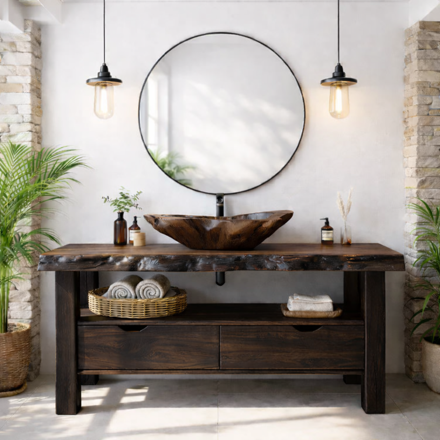 Solid Wood Bathroom Vanity with Live Edge Countertop and Open Shelf – Rustic Modern Bathroom Cabinet