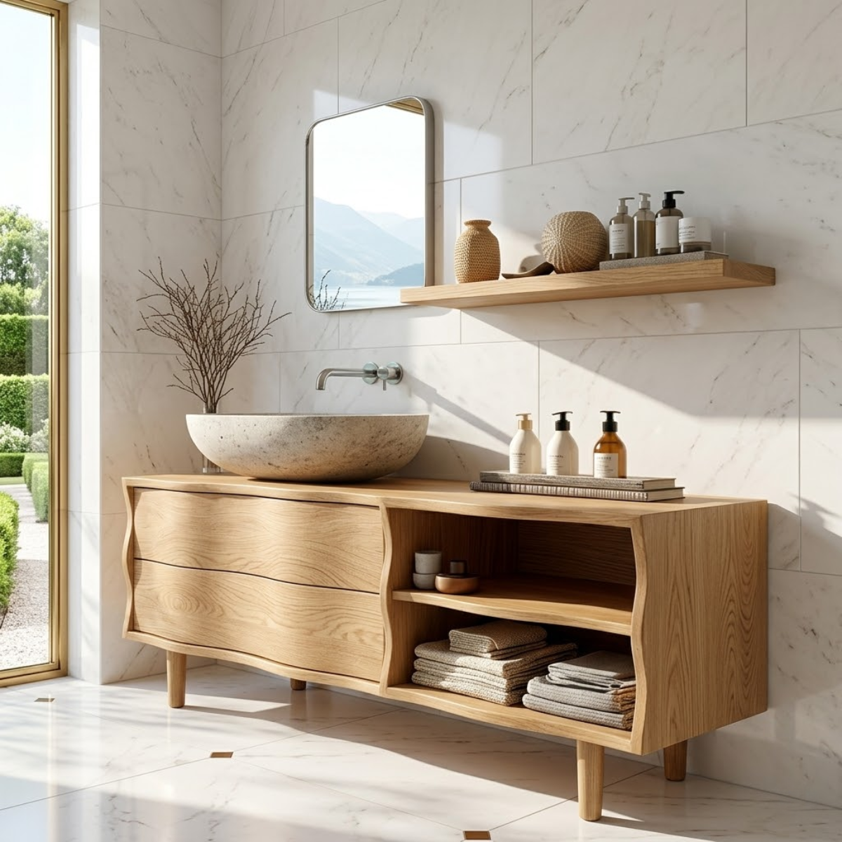 Contemporary Solid Wood Freestanding Bathroom Vanity with Sculpted Open Shelving