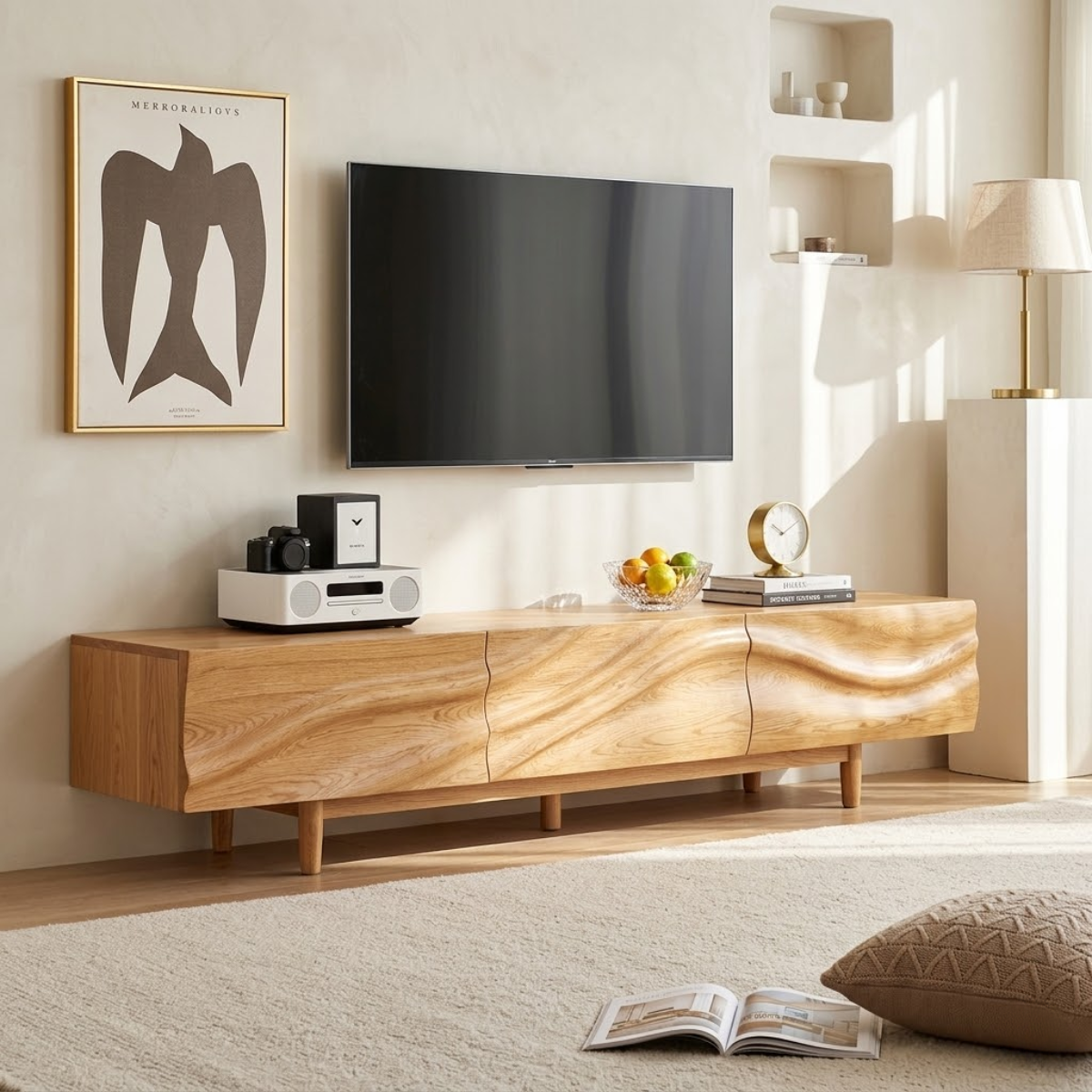 Solid Wood TV Stand with Wave Front, Modern Media Console Cabinet