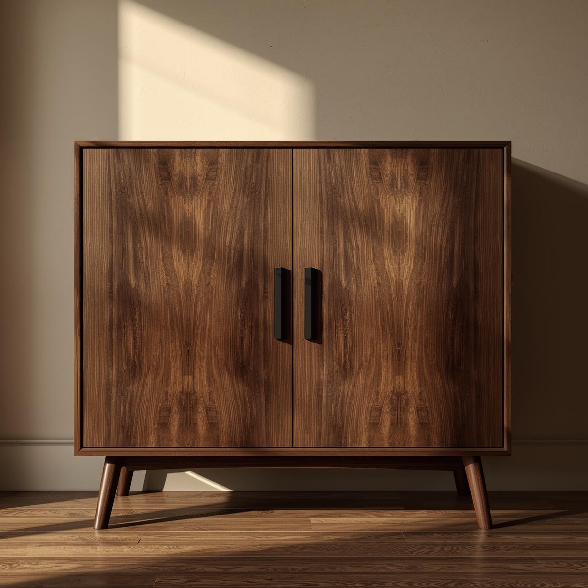 Sleek Walnut Console Cabinet | Mid-Century Modern Design with Black Handles