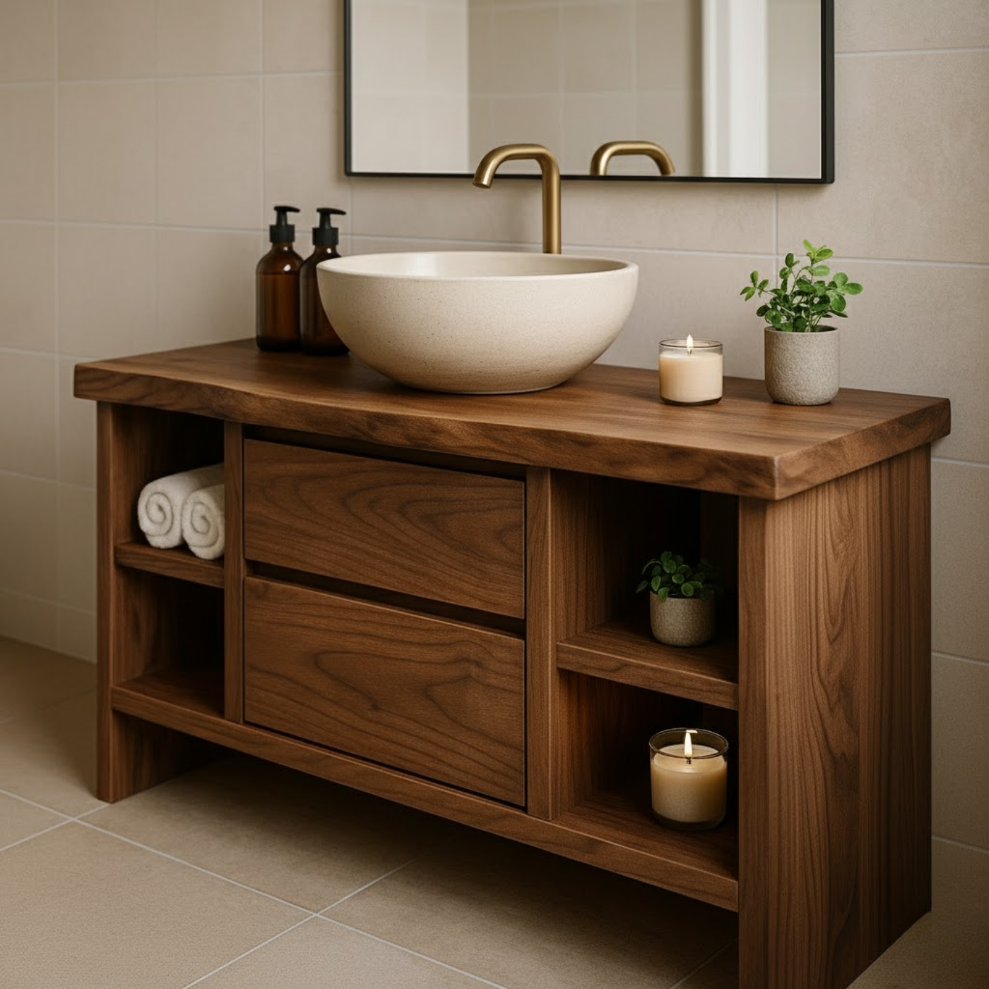 Solid Wood Bathroom Vanity with Open Shelving and Double Drawers