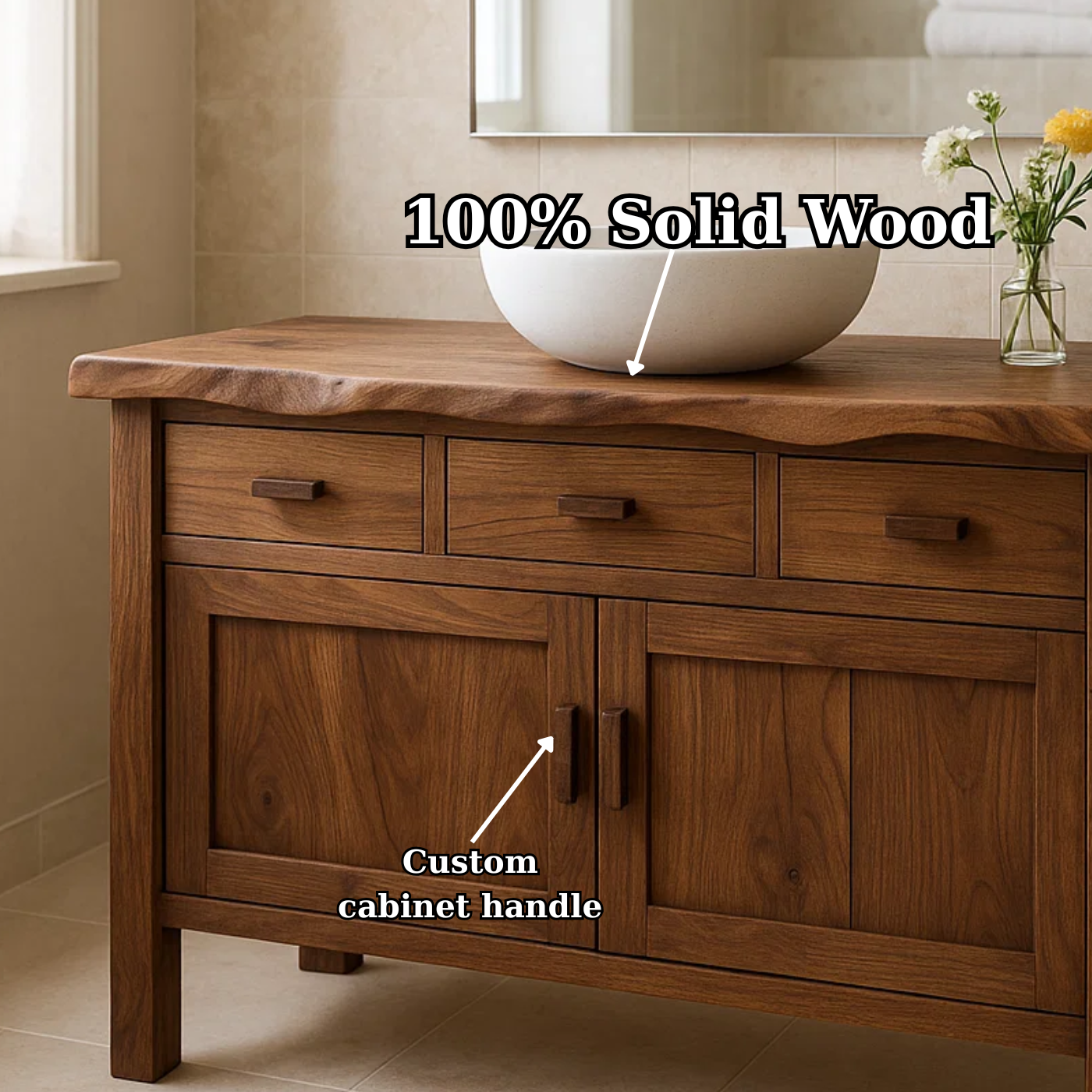 Solid Wood Bathroom Vanity with 3 Drawers and Double Door Cabinet