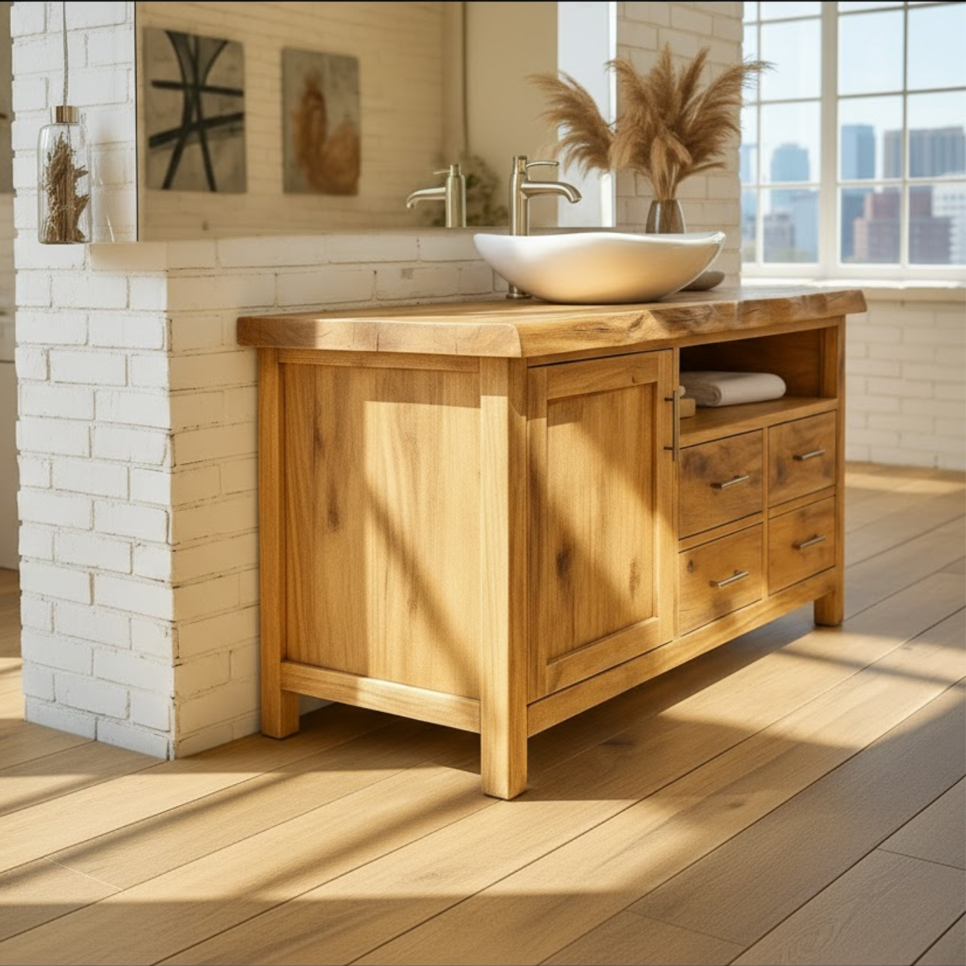 Solid Wood Live Edge Bathroom Vanity with 4 Drawers and Cabinet Door