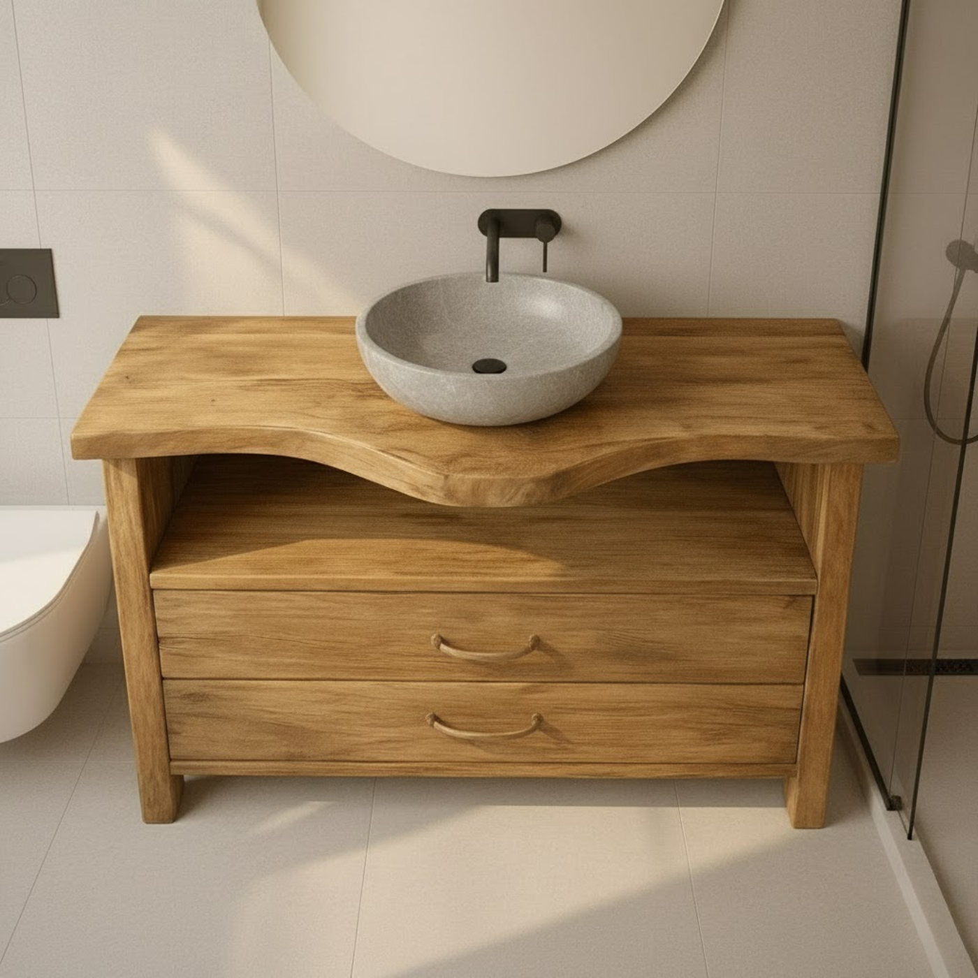 Live Edge Solid Wood Bathroom Vanity with 2 Drawers and Open Shelf for Contemporary Farmhouse Bathrooms