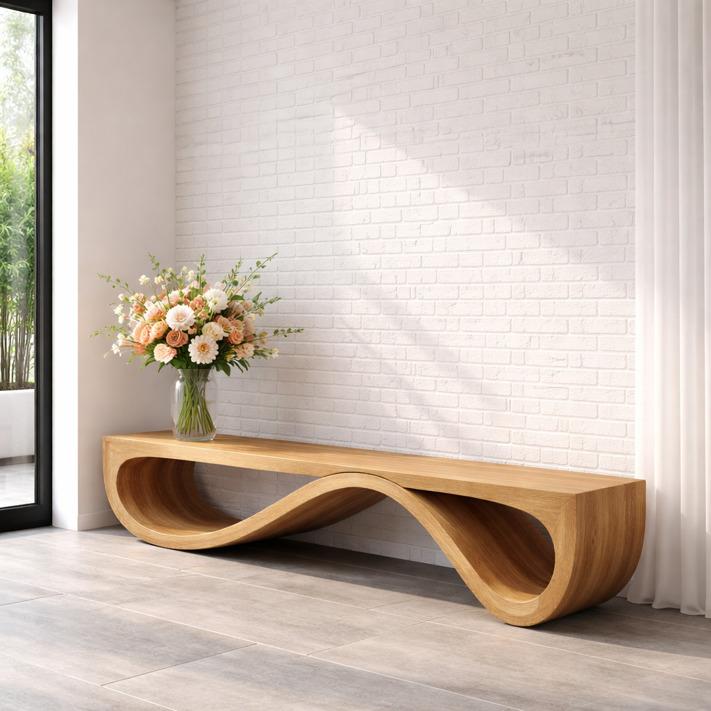 Handcrafted Solid Wood Bench with Sculptural Wave Base Design