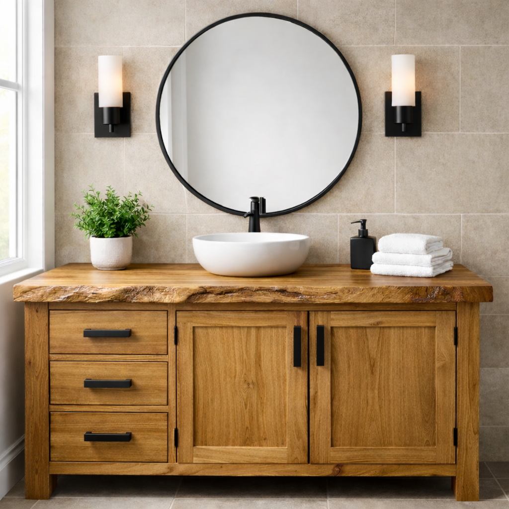 Live Edge Solid Wood Bathroom Vanity with 3 Drawers and Double Door Cabinet