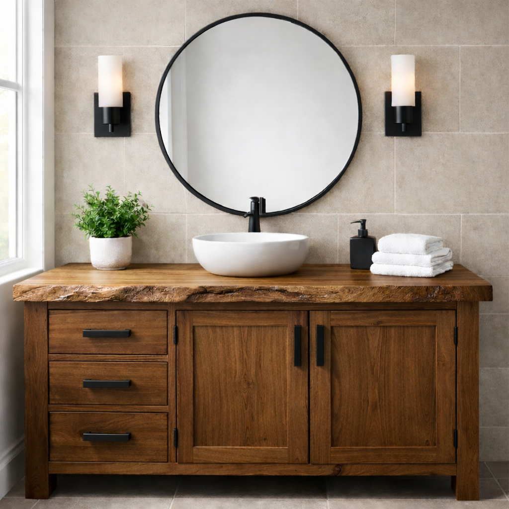Live Edge Solid Wood Bathroom Vanity with 3 Drawers and Double Door Cabinet