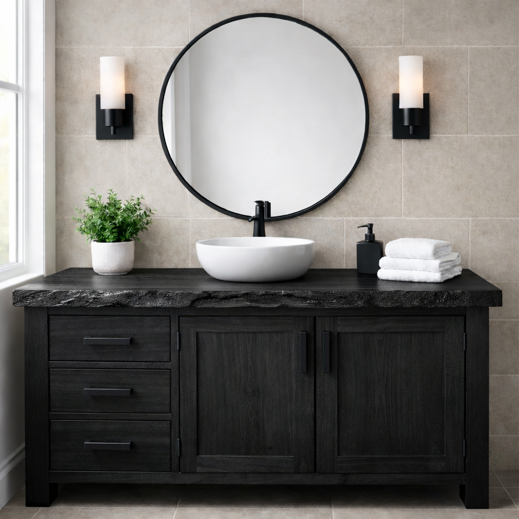 Live Edge Solid Wood Bathroom Vanity with 3 Drawers and Double Door Cabinet