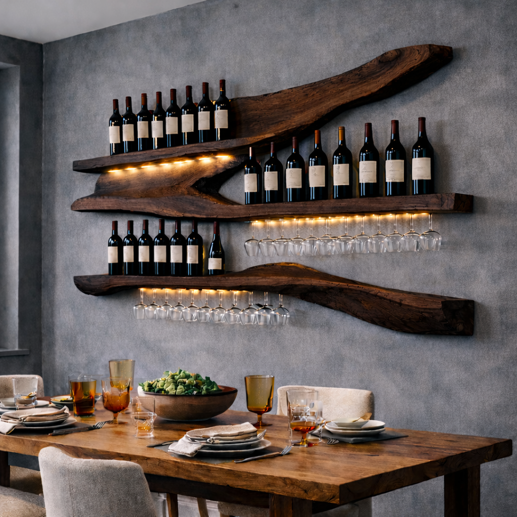 Solid Wood Live Edge Wall Wine Rack with Floating Shelves and Hanging Glass Holder