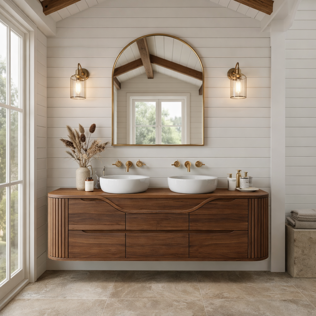 Handcrafted Floating Bathroom Vanity with Curved & Fluted Drawers – Elegant Wooden Design
