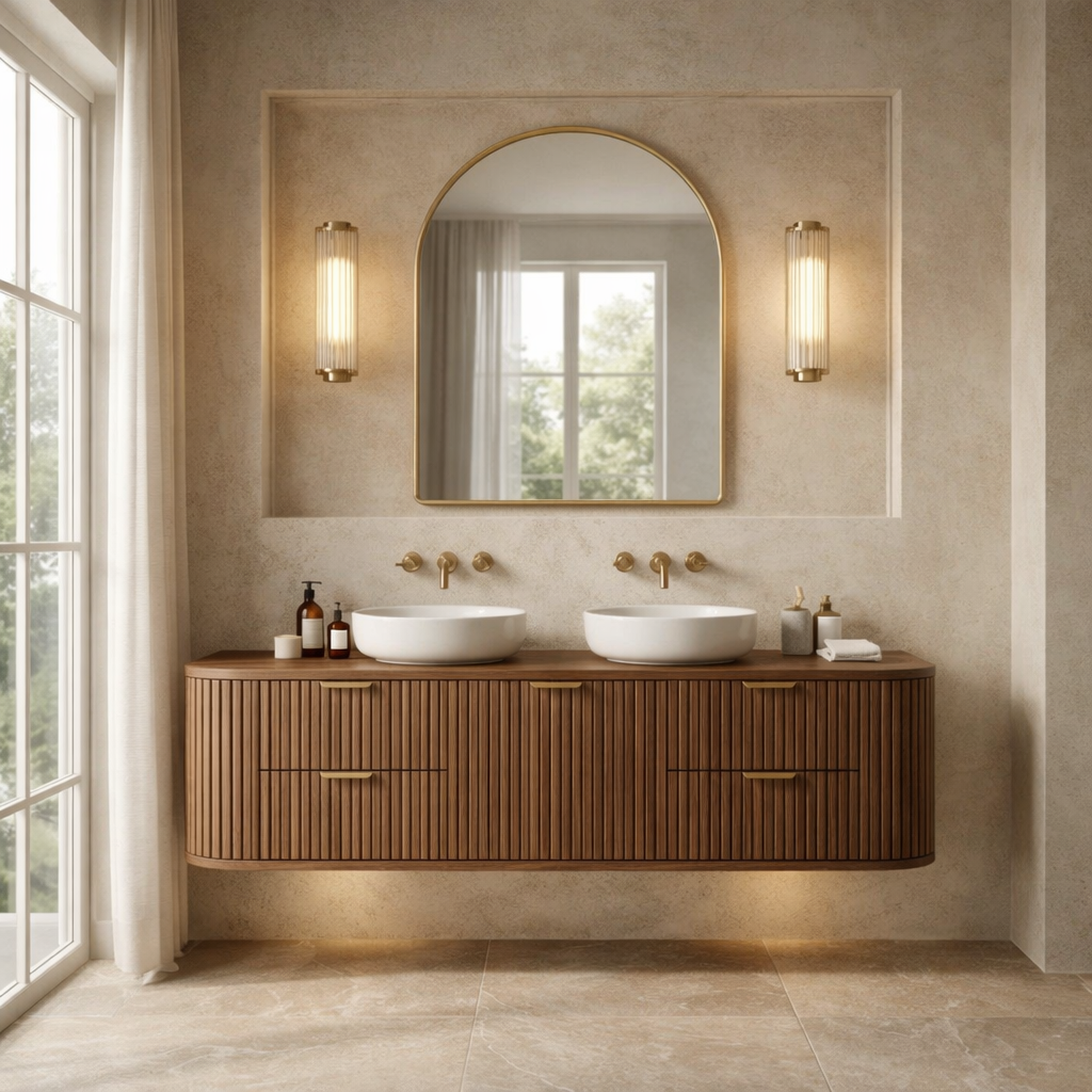 Handcrafted Floating Bathroom Vanity with Fluted Drawers – Elegant Wooden Design