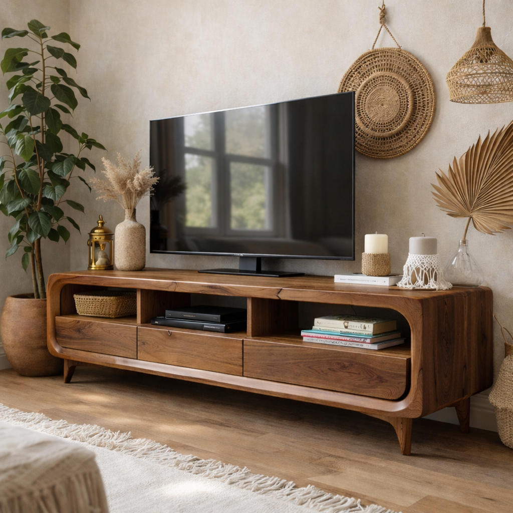 Solid Wood Mid-Century Modern TV Stand with Drawers & Open Shelves