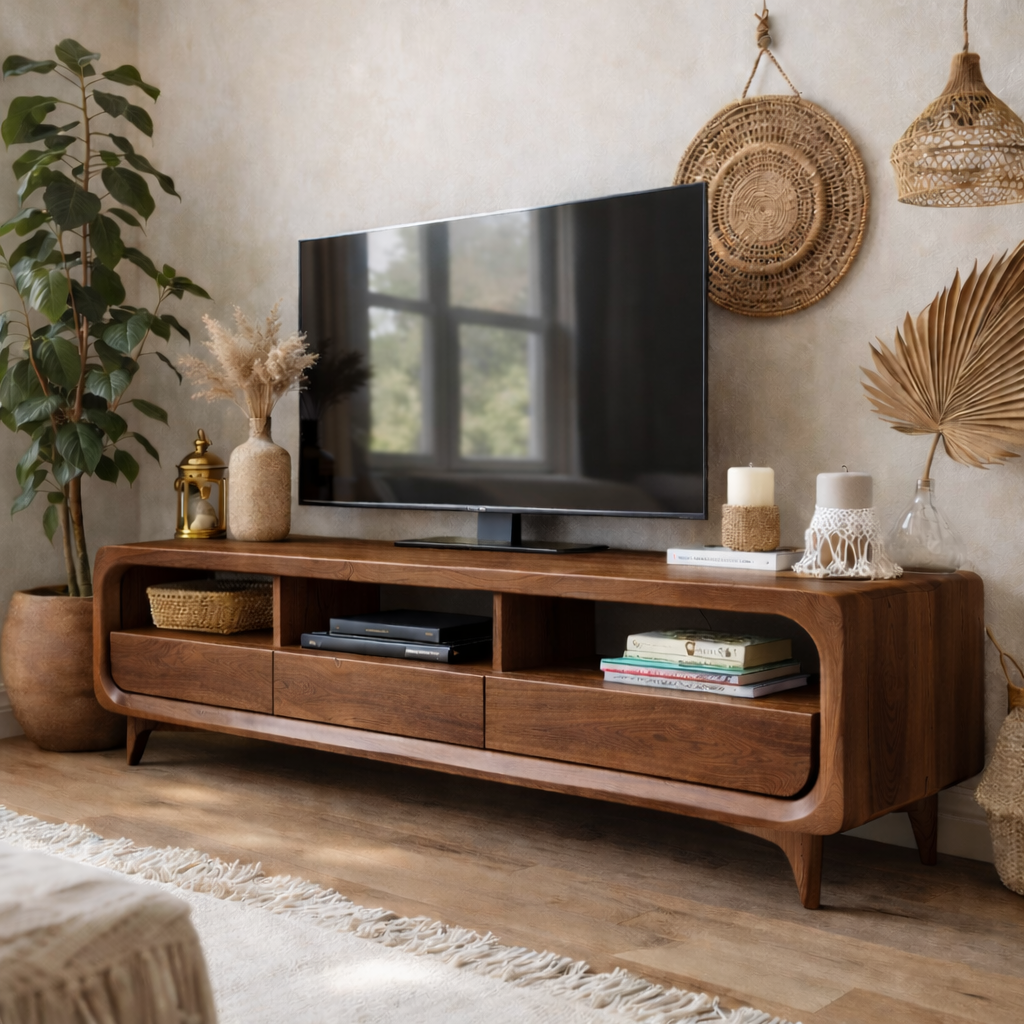 Solid Wood Mid-Century Modern TV Stand with Drawers & Open Shelves