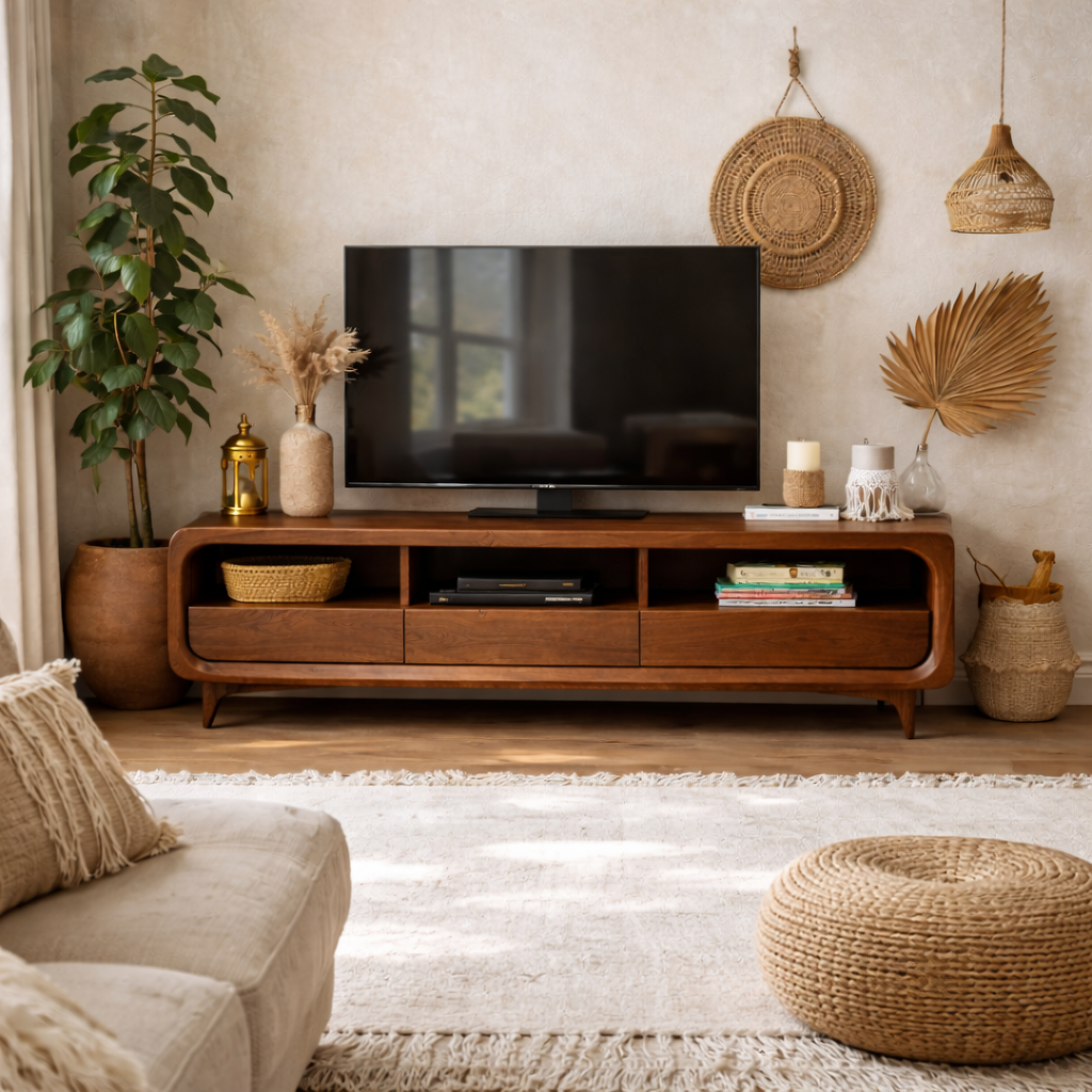 Solid Wood Mid-Century Modern TV Stand with Drawers & Open Shelves