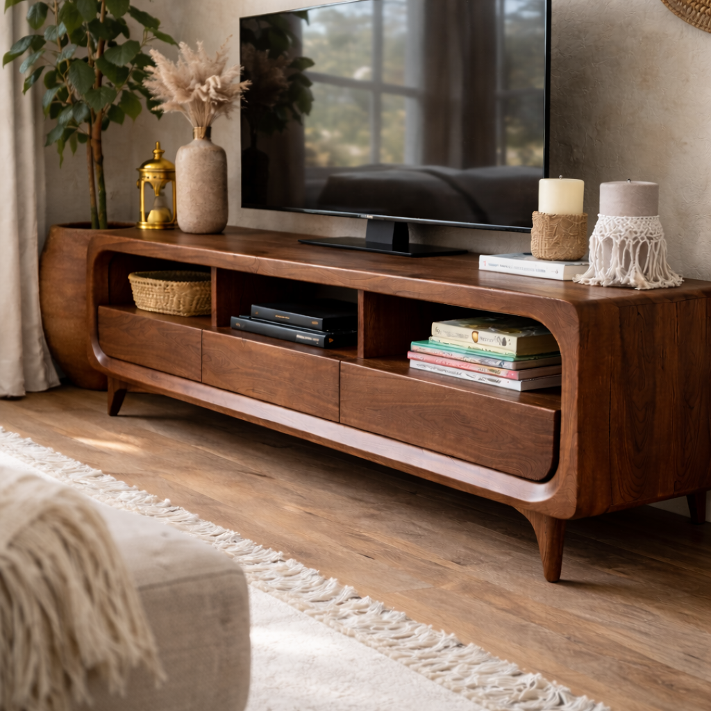 Solid Wood Mid-Century Modern TV Stand with Drawers & Open Shelves