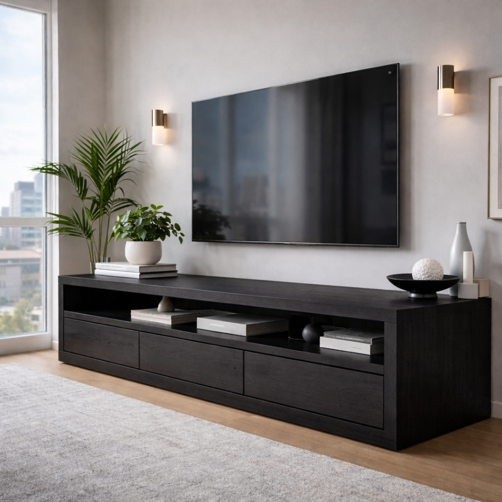 Solid Wood Low Profile TV Stand with Drawers & Open Shelf – Modern Media Console