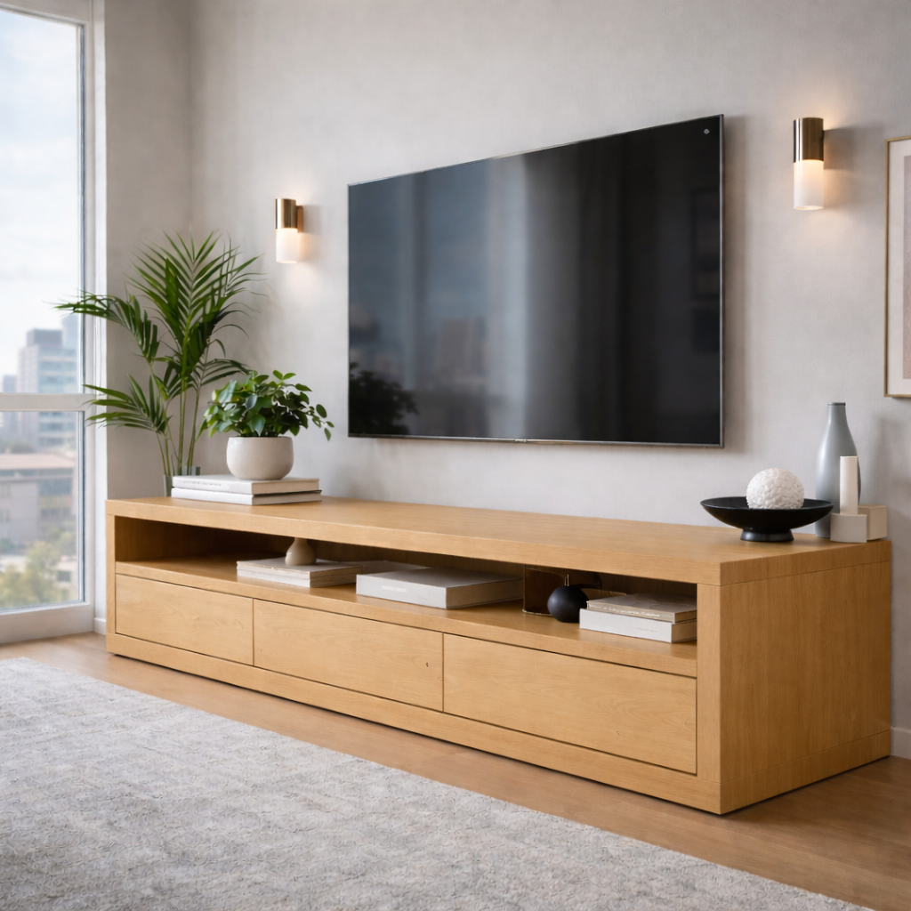 Solid Wood Low Profile TV Stand with Drawers & Open Shelf – Modern Media Console