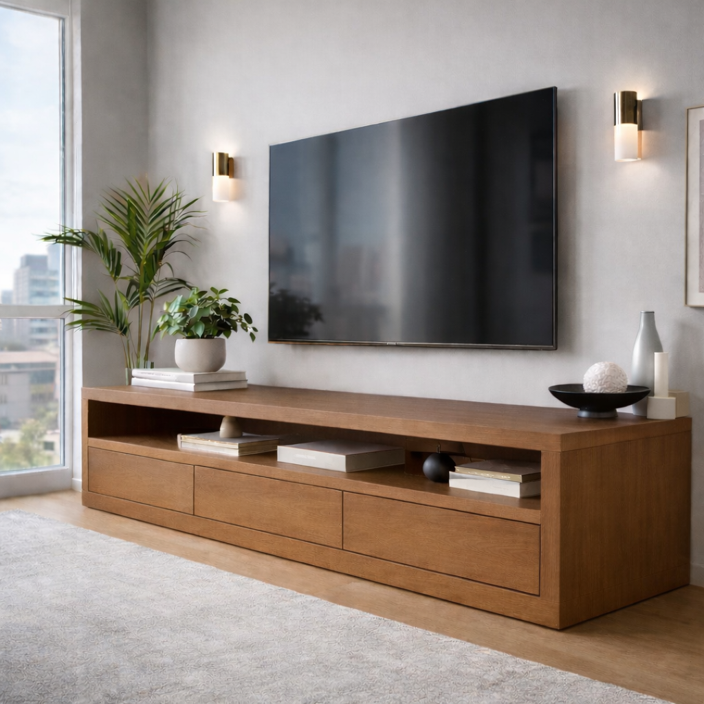 Solid Wood Low Profile TV Stand with Drawers & Open Shelf – Modern Media Console
