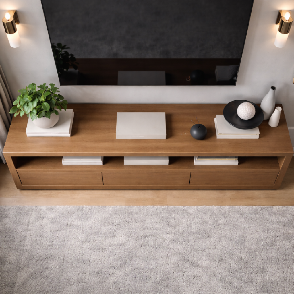 Solid Wood Low Profile TV Stand with Drawers & Open Shelf – Modern Media Console