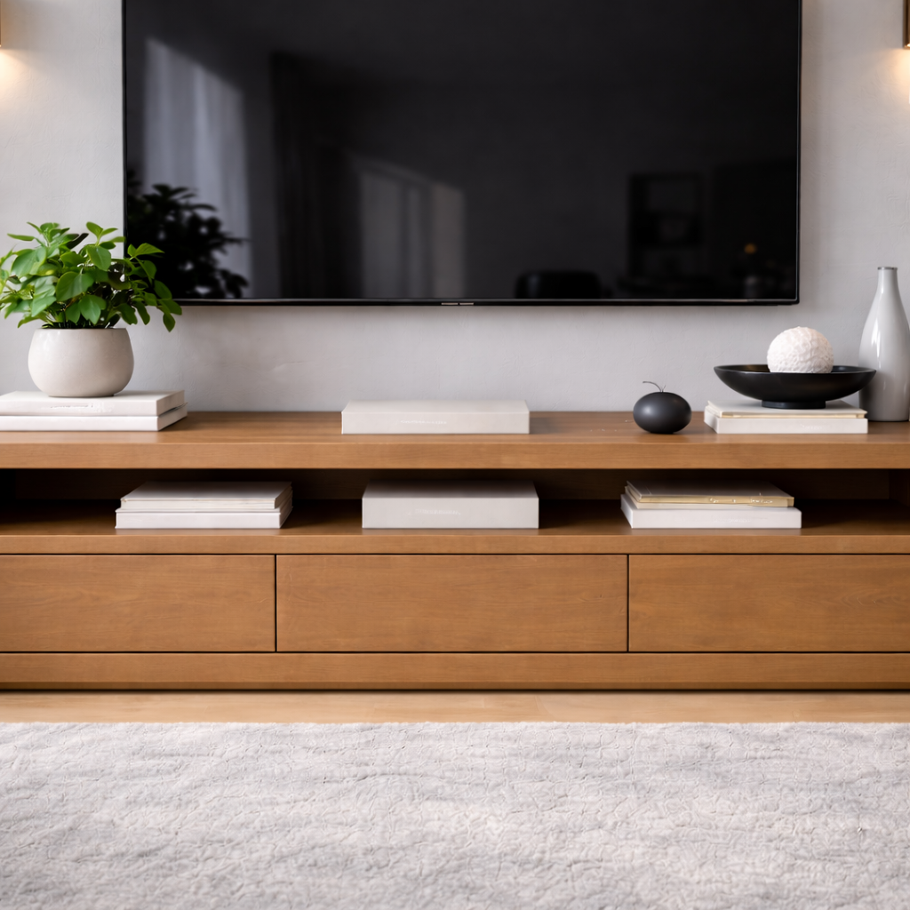 Solid Wood Low Profile TV Stand with Drawers & Open Shelf – Modern Media Console