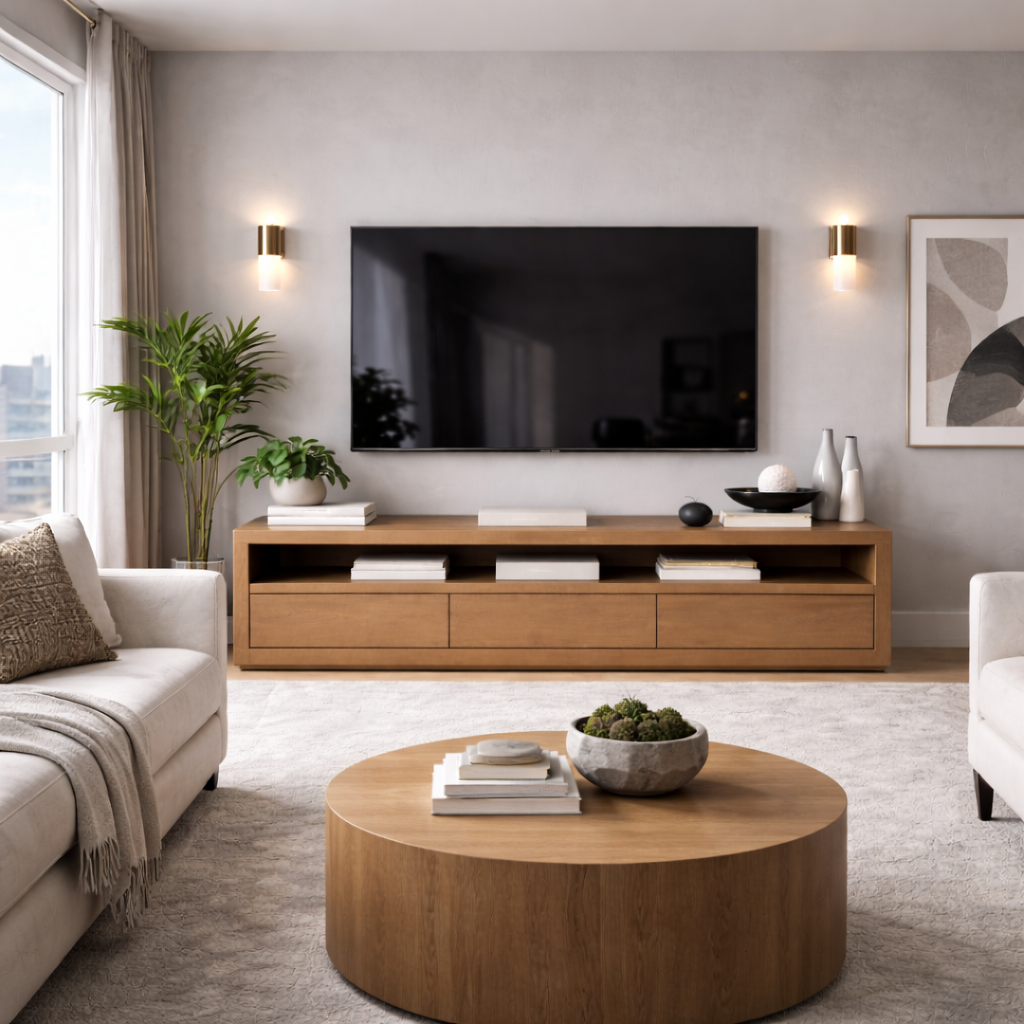 Solid Wood Low Profile TV Stand with Drawers & Open Shelf – Modern Media Console