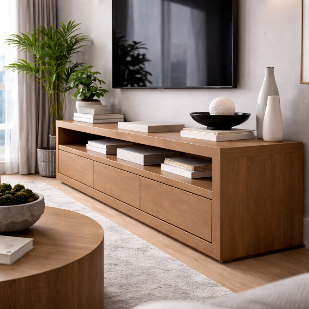 Solid Wood Low Profile TV Stand with Drawers & Open Shelf – Modern Media Console