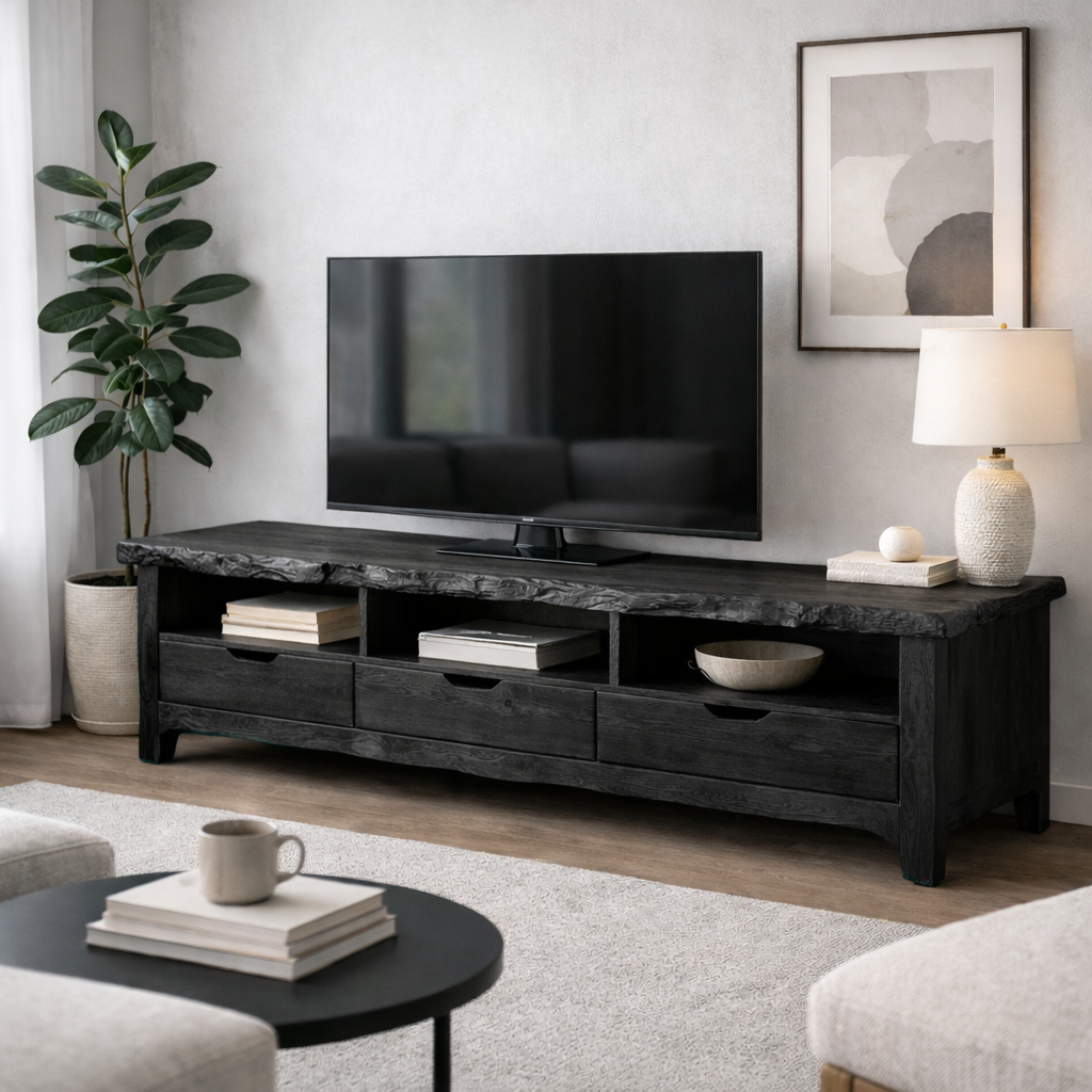 Solid Wood TV Stand with Drawers & Open Shelves – Rustic Low Profile Console