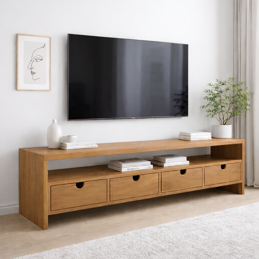 Solid Wood TV Stand with 4 Drawers & Open Shelf – Modern Low Profile Console