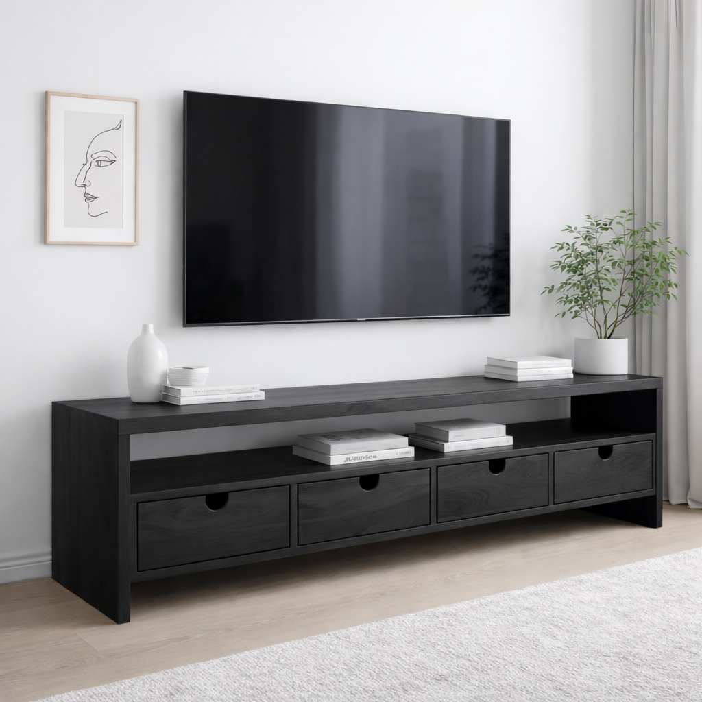 Solid Wood TV Stand with 4 Drawers & Open Shelf – Modern Low Profile Console