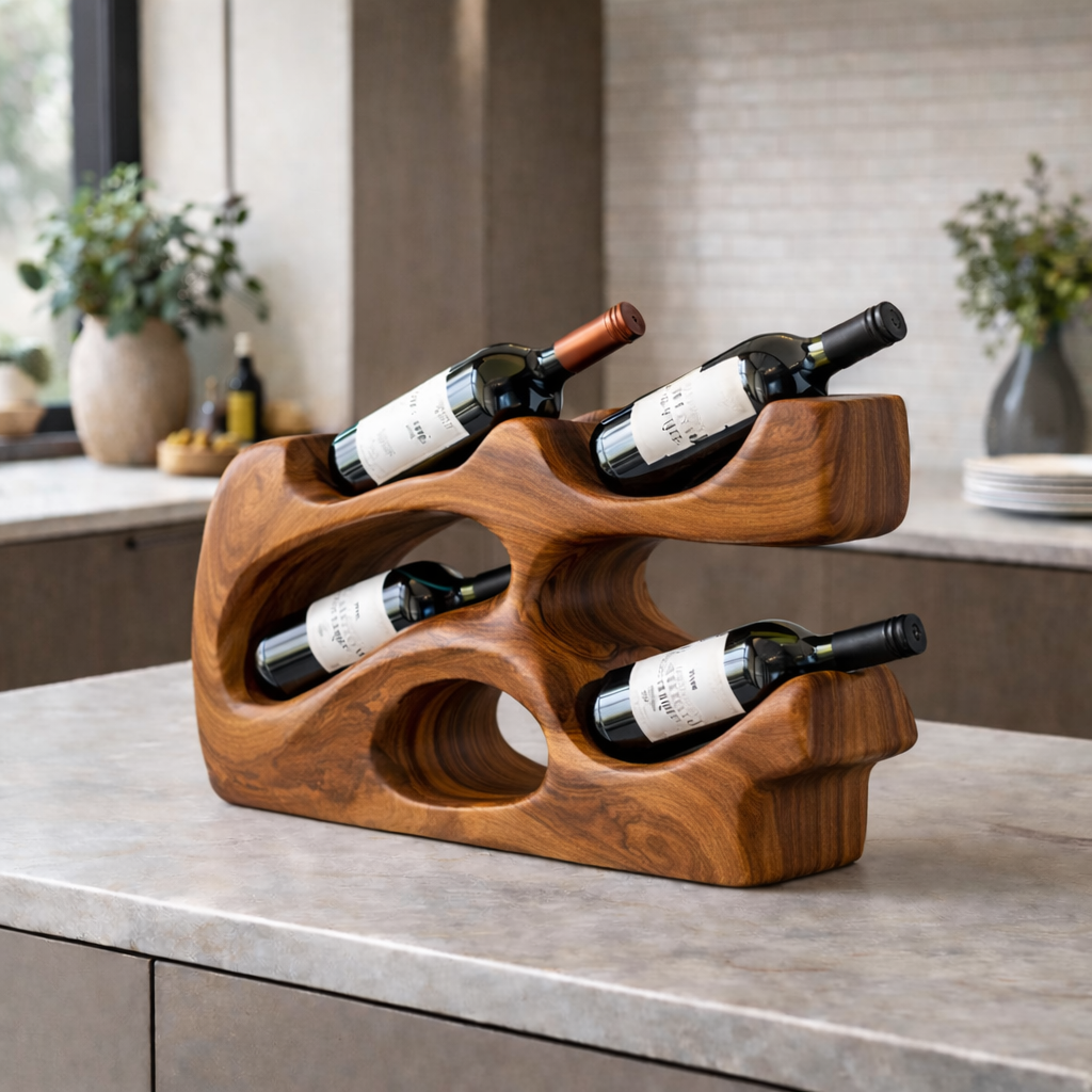 Handcrafted Solid Wood Countertop Wine Holder – Modern Sculptural Wine Rack